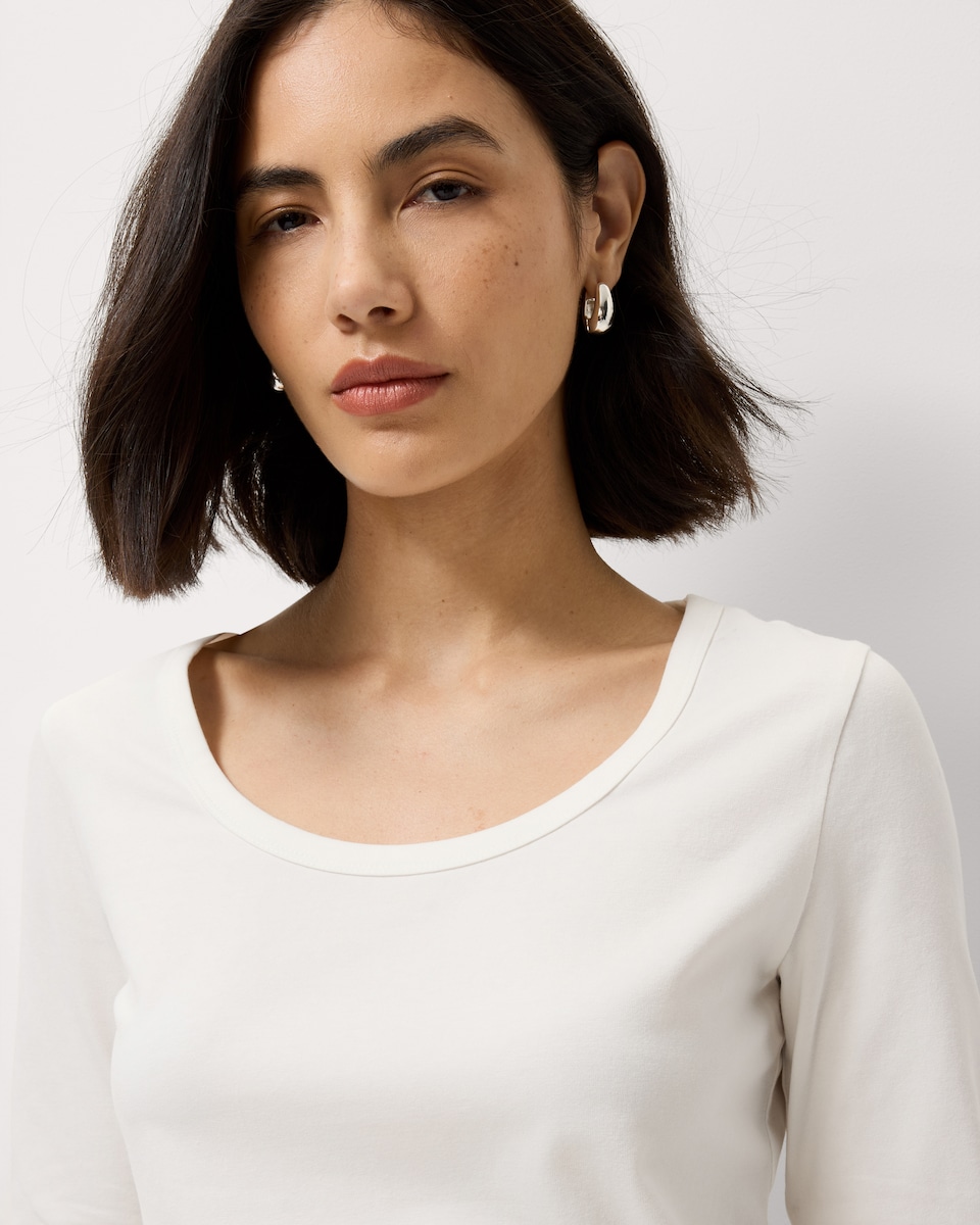 image 1 of F&F Cotton Rich Scoop Neckline Long Sleeved Top in White