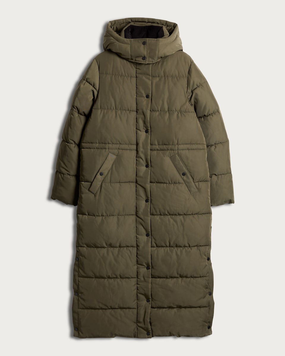 image 1 of F&F Hooded Longline Shower Resistant Puffer Coat in Khaki