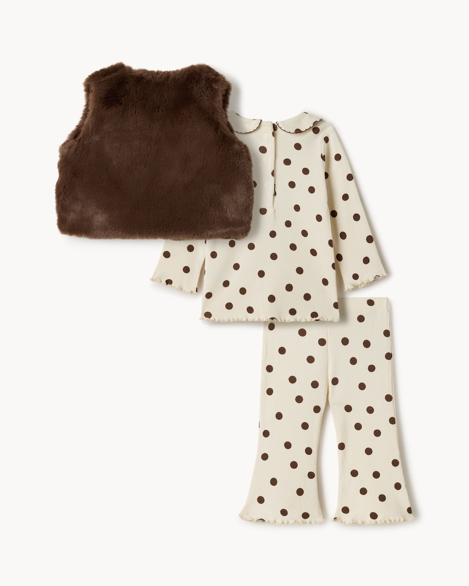 image 1 of F&F Baby Polka Dot Top, Leggings and Faux Fur Gilet in Brown