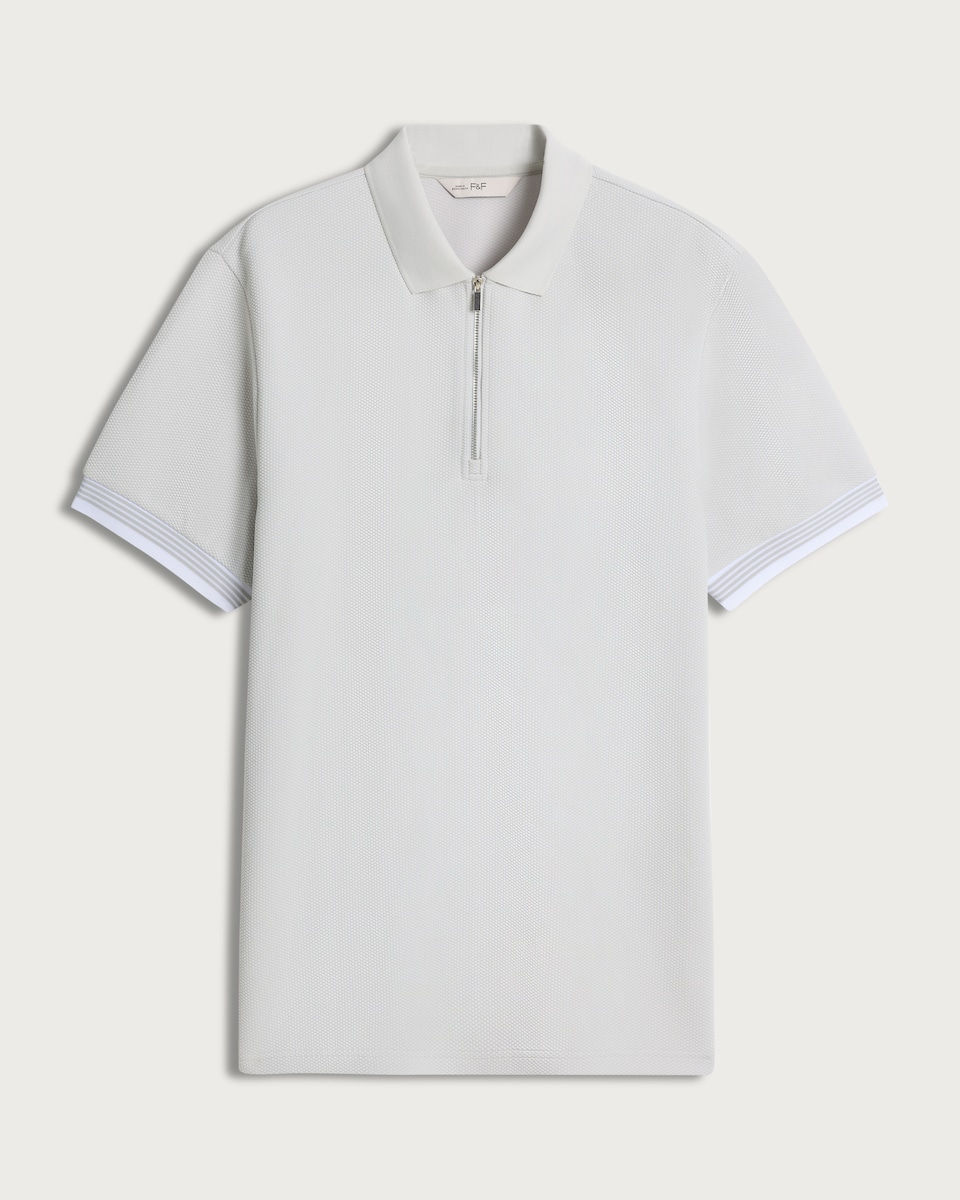 image 1 of F&F Textured Zip Neck Short Sleeved Polo Shirt in Grey