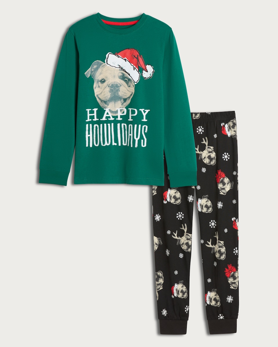 image 1 of F&F Boys Pure Cotton Happy Howlidays Top and Cuffed Joggers Pyjamas in Navy Multi