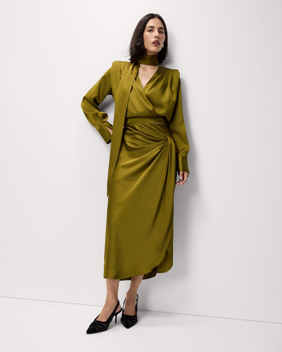 image 1 of F&F Satin Pleated Co-ord Midi Skirt in Green