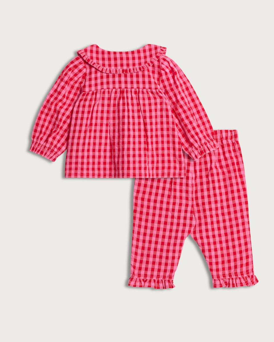 image 1 of F&F Baby 2-Piece Pure Cotton Gingham Pyjama Set in Pink