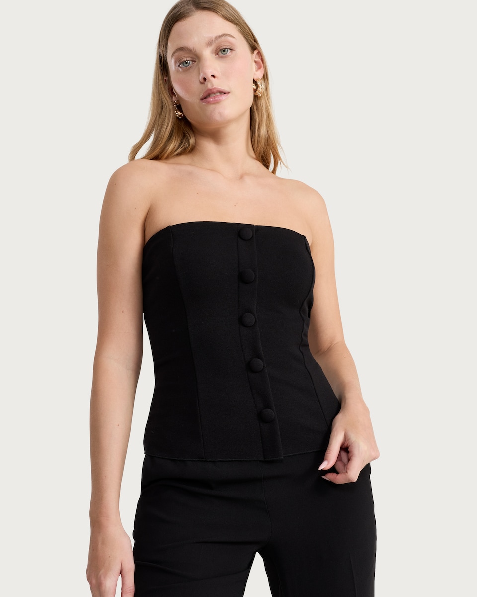 image 1 of F&F Ponte Button Front Bandeau Top in Black