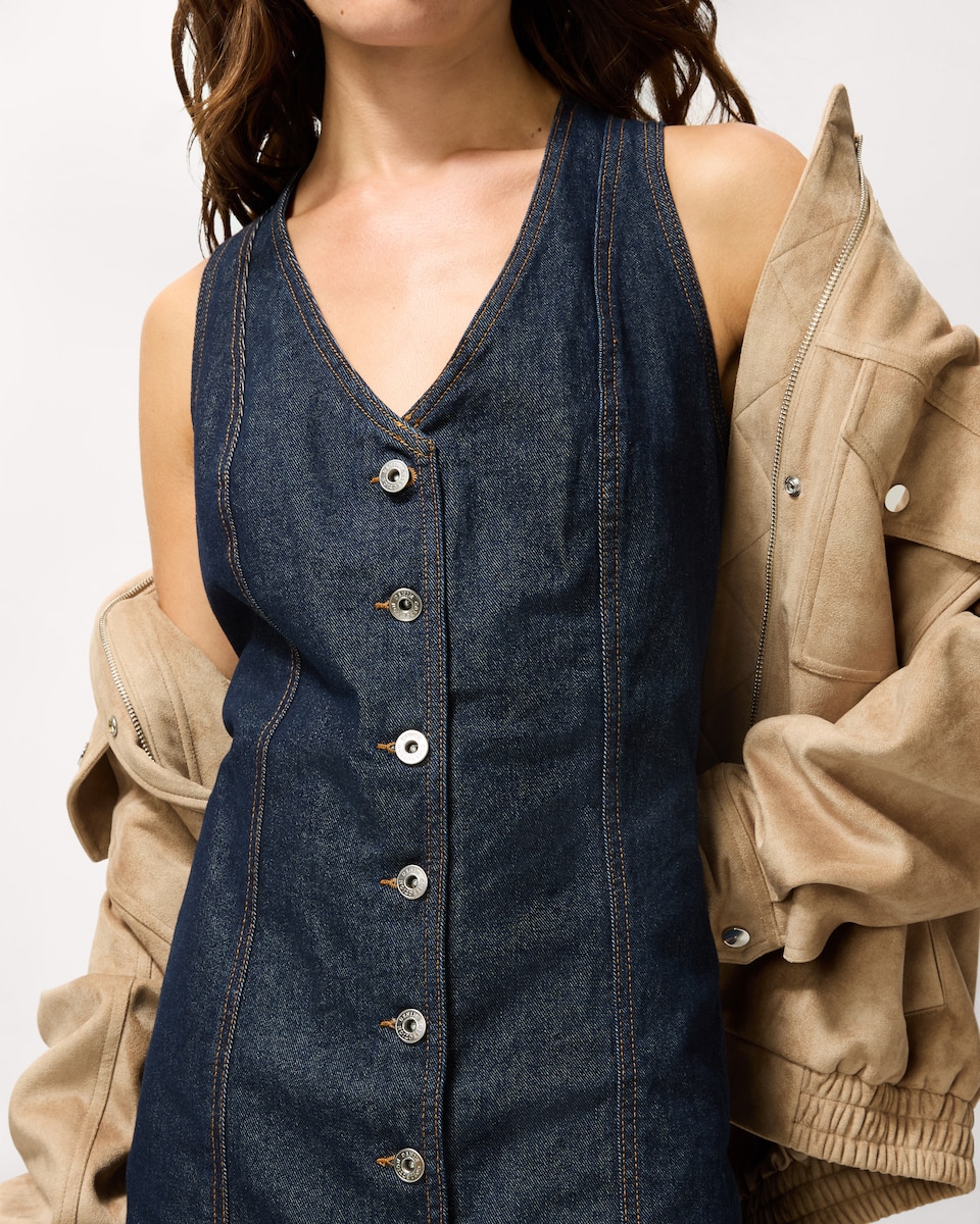 image 1 of F&F Pure Cotton Button Up Denim Mini Dress in Navy