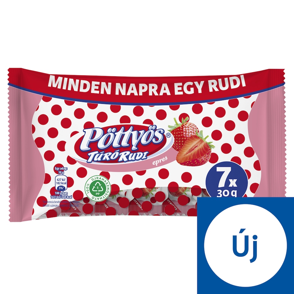 Pöttyös Túró Rudi Strawberry Cottage Cheese Dessert with Cocoa Coating 7 x 30 g (210 g)