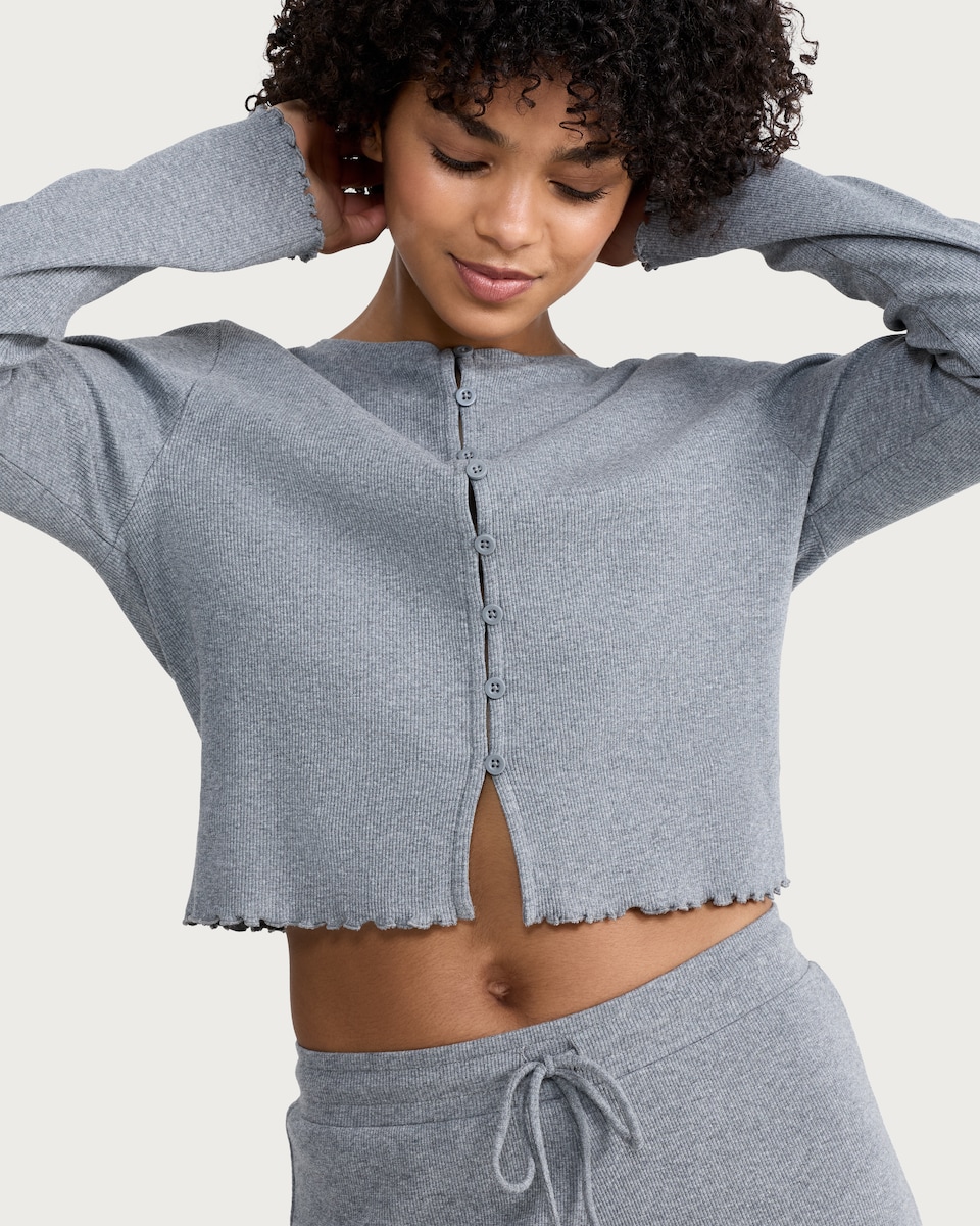 image 1 of OH ME OH MY Cotton Rich Ribbed Stripe Print Co-ord Cardigan in Grey