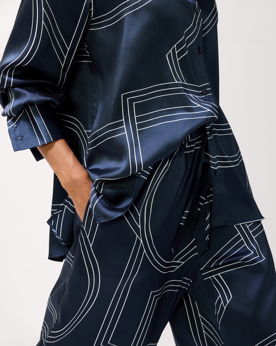 image 1 of F&F Satin Geometric Print Co-ord Shirt in Navy