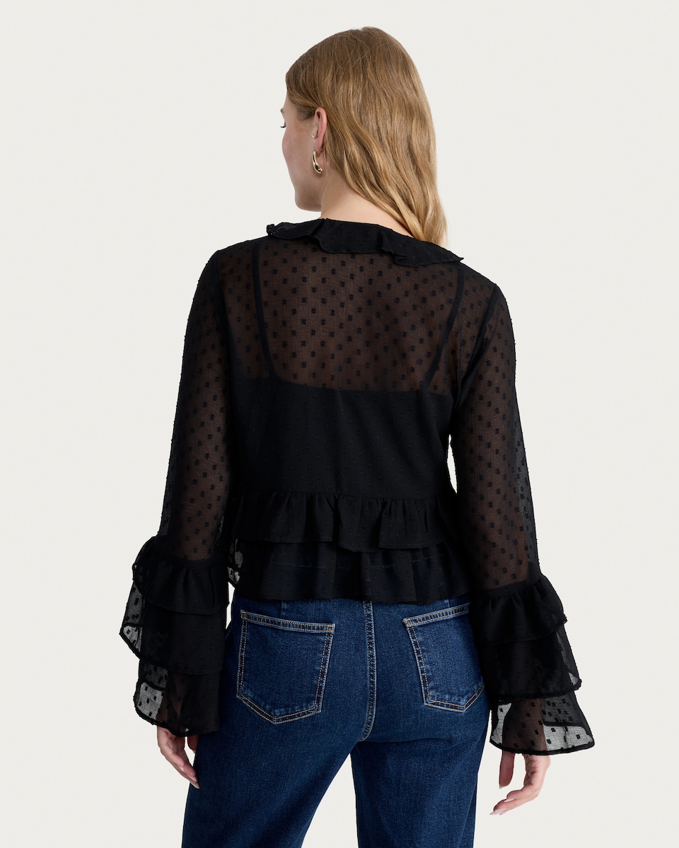 image 1 of F&F Chiffon Polka Dot Ruffled Blouse in Black