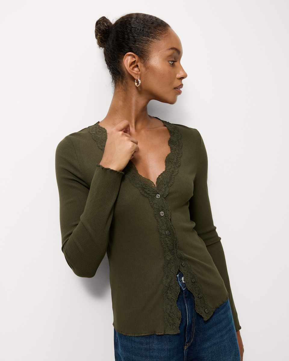 image 1 of F&F Lace Trim Button Up Top in Olive