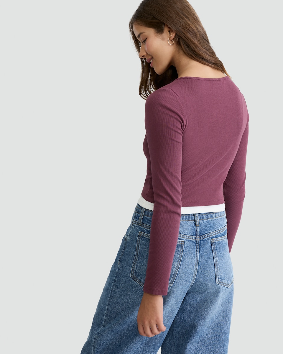 image 1 of OH ME OH MY Cotton Rich Double Layer Henley Top in Burgundy