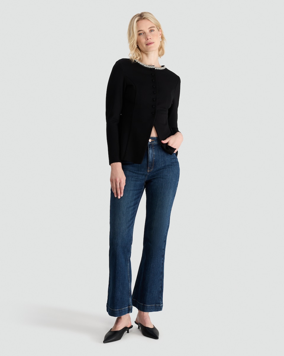 image 1 of The F&F Edit Ponte Embellished Collar Buttoned Top in Black