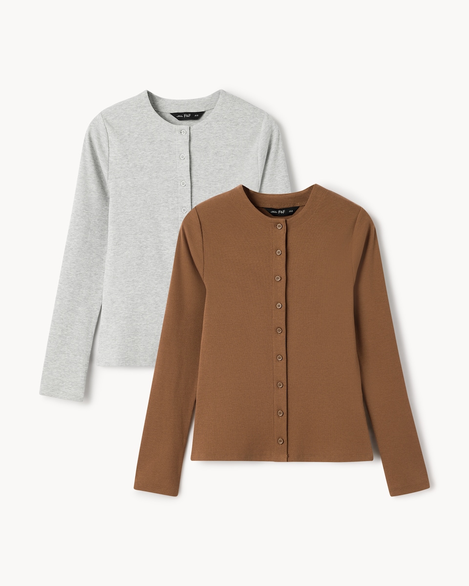 image 1 of F&F 2-Pack Cotton Rich Ribbed Button Up Tops in Multi Grey