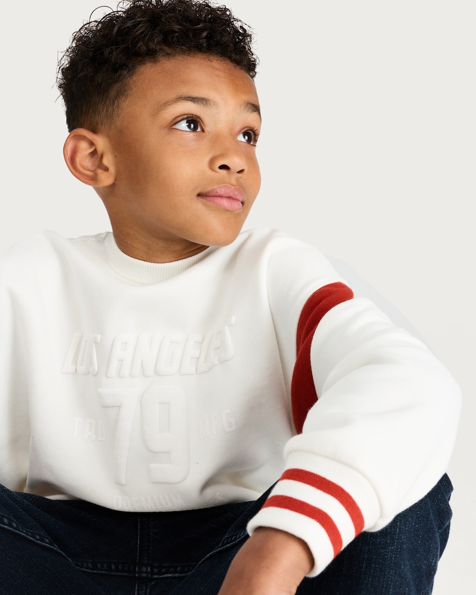 image 1 of F&F Boys Cotton Rich Oversized Los Angeles Sweatshirt in Ecru