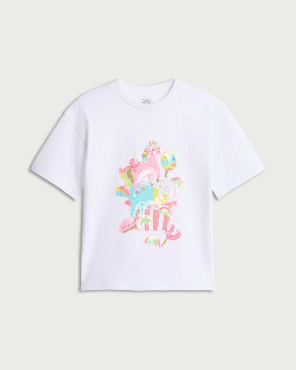 image 1 of F&F Girls Pure Cotton Unicorn Print T-Shirt in White