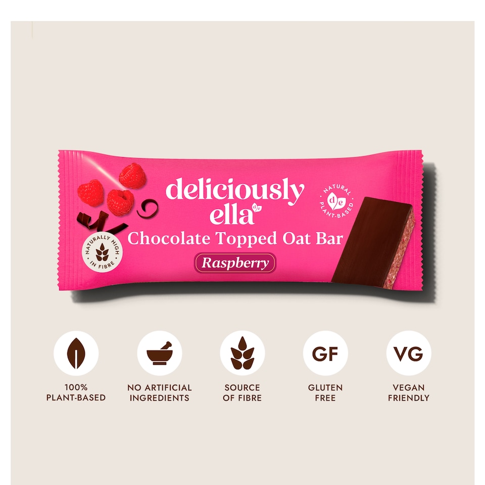 image 1 of Deliciously Ella Chocolate Topped Raspberry Oat Bars 3 x 50g