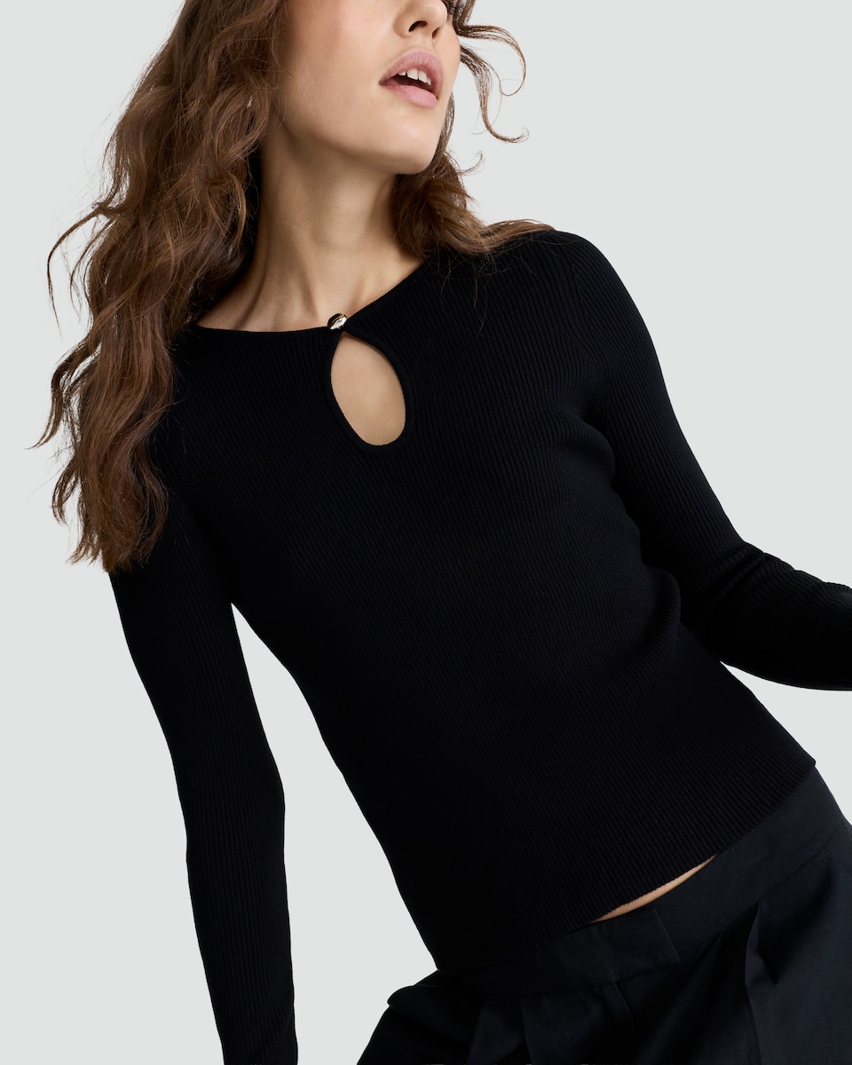 image 1 of F&F Keyhole Ribbed Knit Jumper in Black