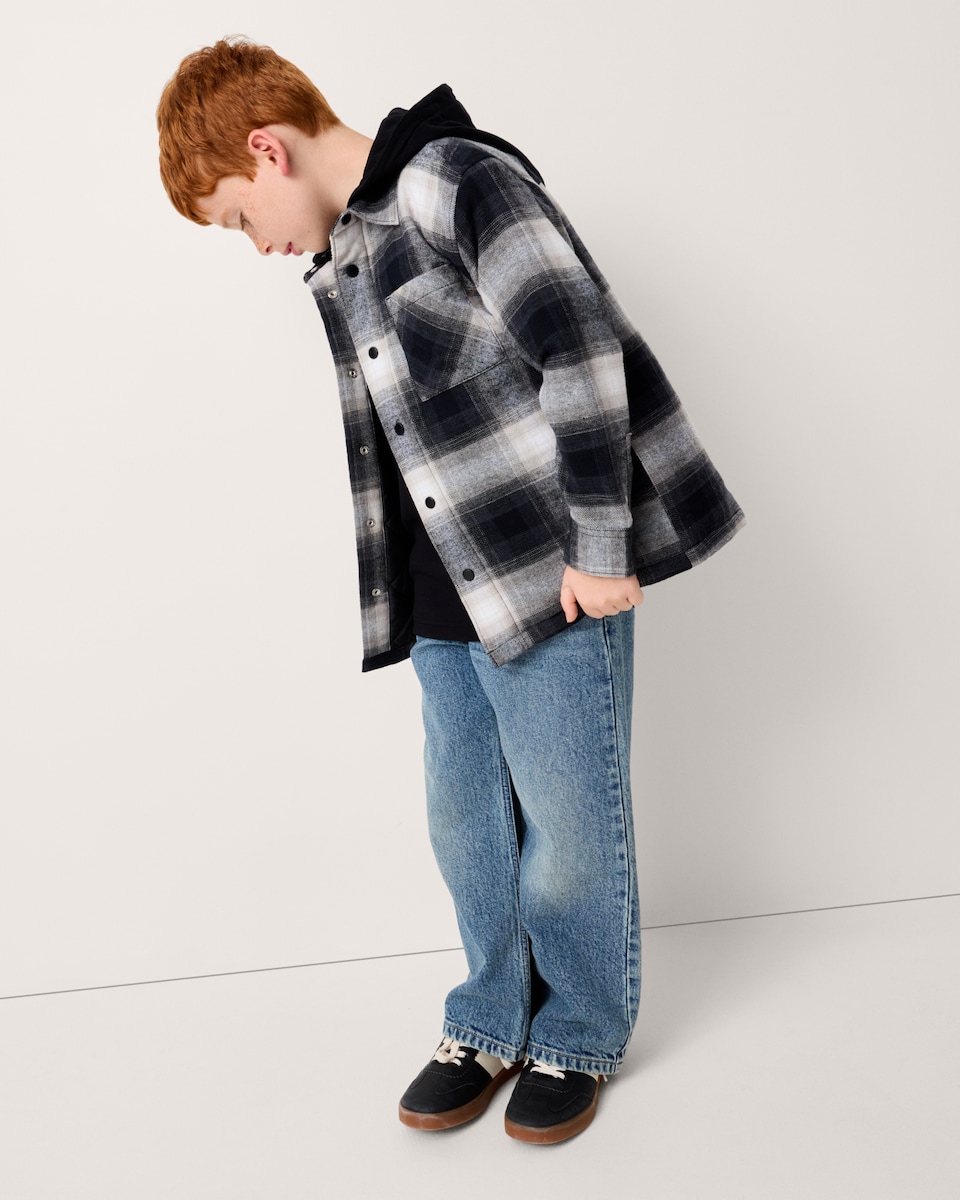 image 1 of F&F Boys Check Hooded Shirt in Black
