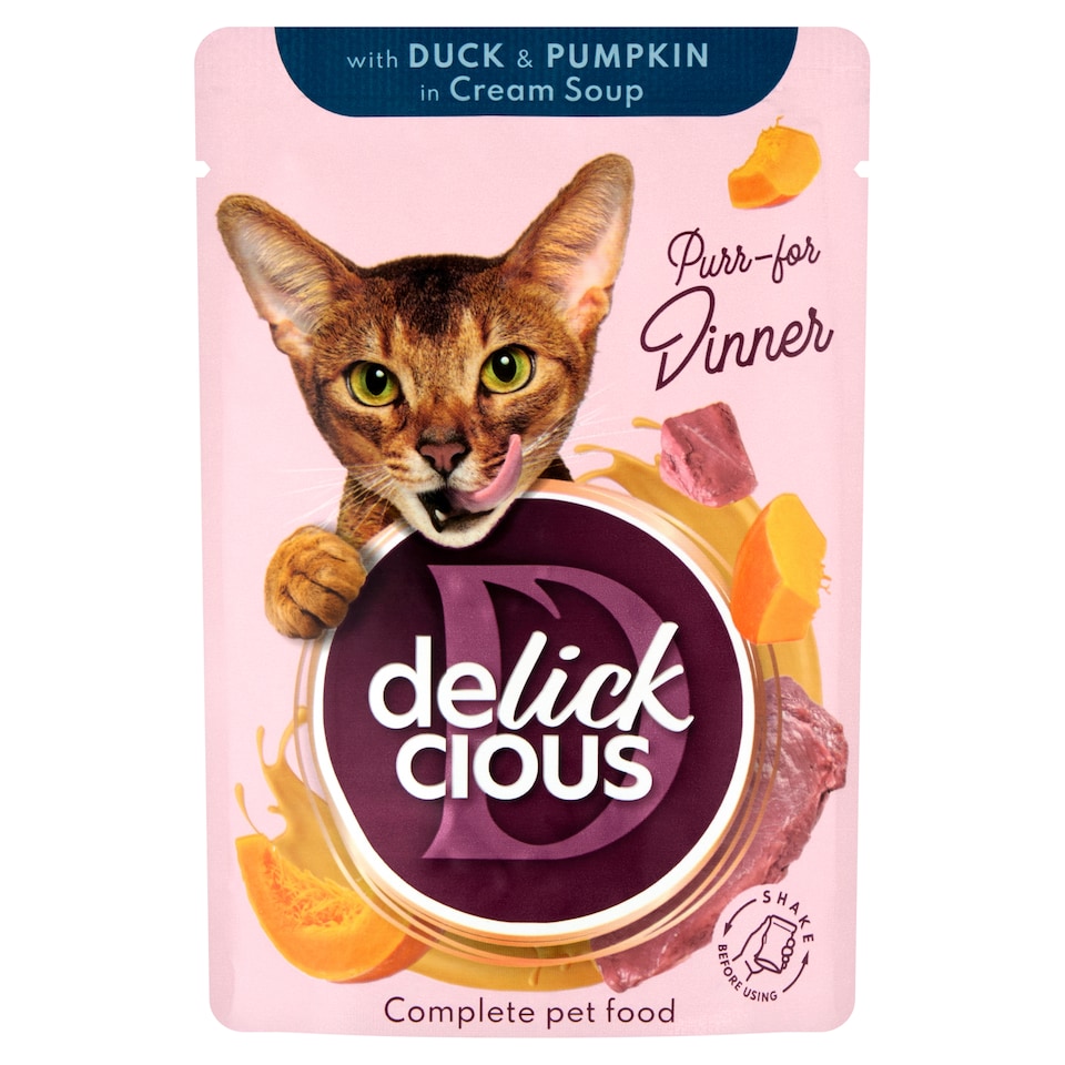 Delickcious kacsacsíkok sütőtökkel krémlevesben teljes értékű szaftos eledel felnőtt macskáknak 85 g