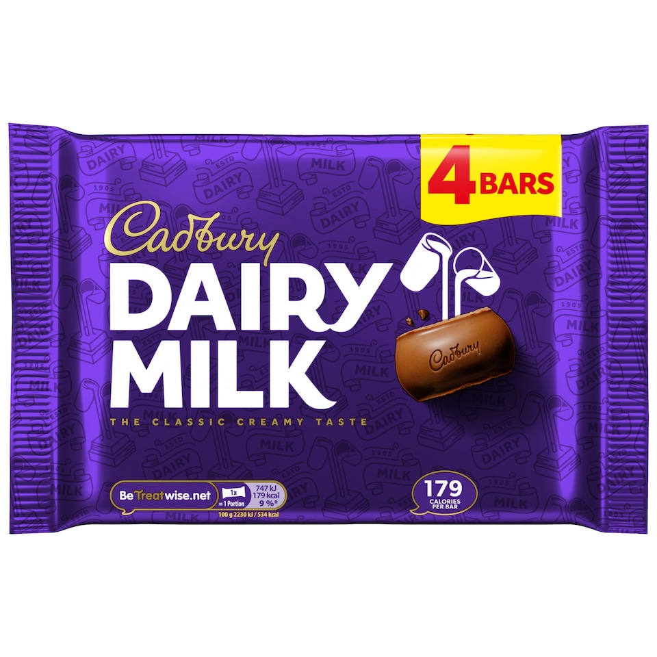Cadbury Dairy Milk Chocolate Bar 4 Pack Multipack 134g