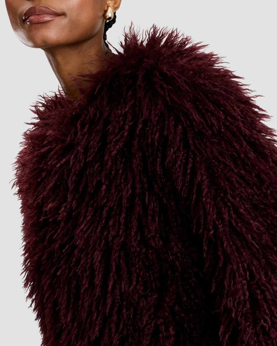 image 1 of The F&F Edit Faux Fur Cropped Jacket in Burgundy