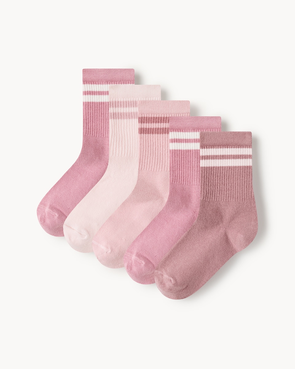 F&F Girls 5-Pack Cotton Rich Striped Ankle Socks in Pink