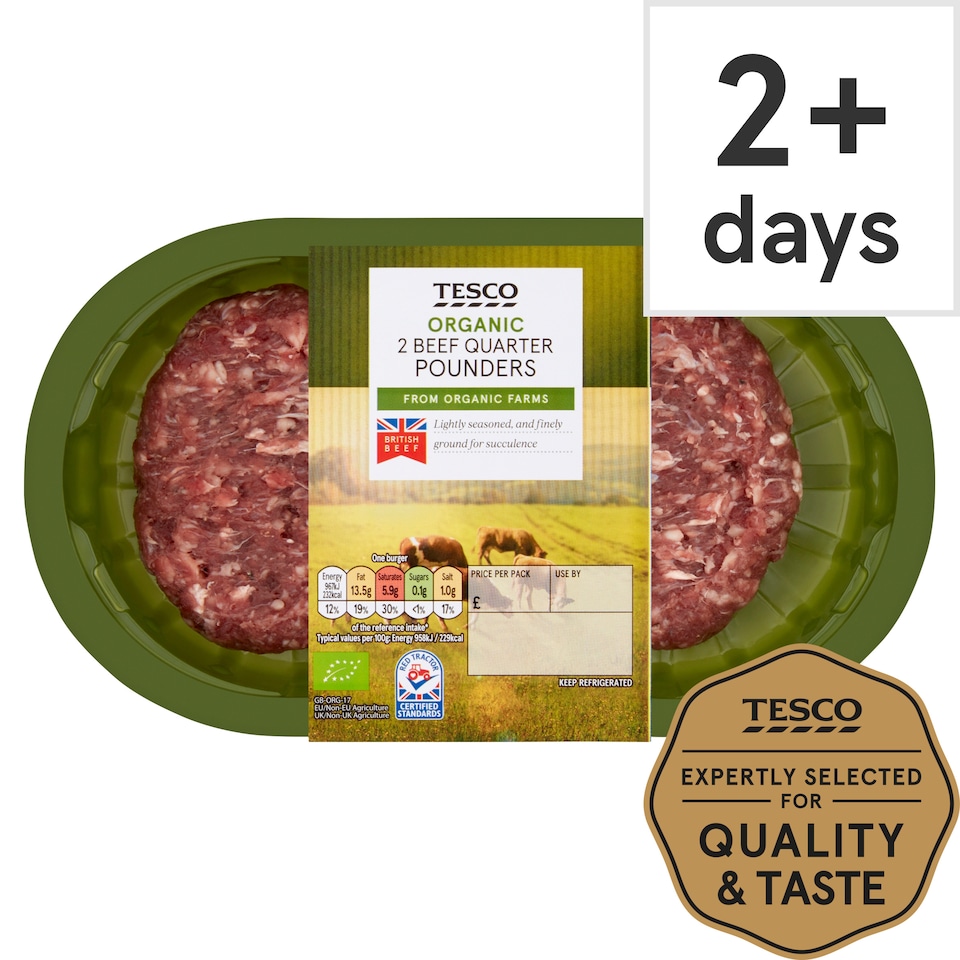 Tesco Organic Beef Quarter Pounders 2 Pack 227g