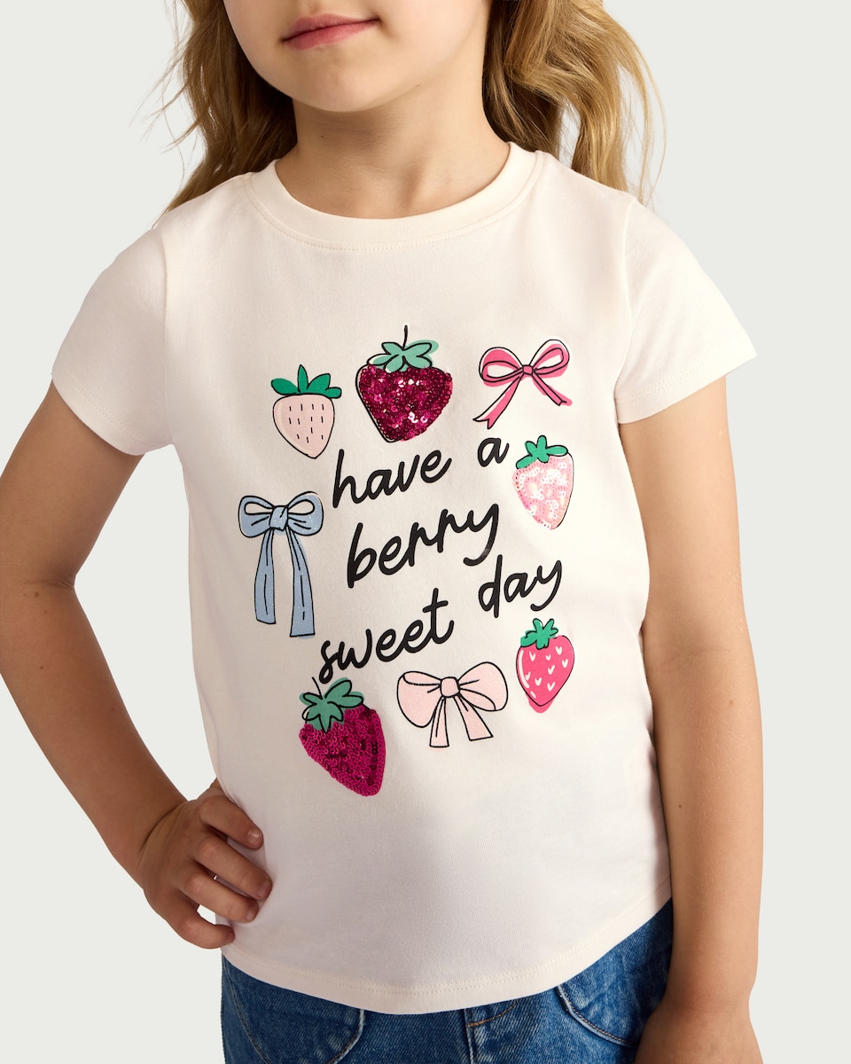 image 1 of F&F Girls Pure Cotton Strawberry Sequin T-Shirt in White