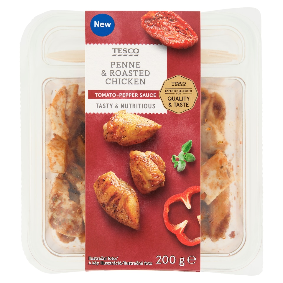 Tesco Vařené těstoviny s rajčatovo-paprikovou omáčkou a kousky pečených kuřecích prsních řízků 200g