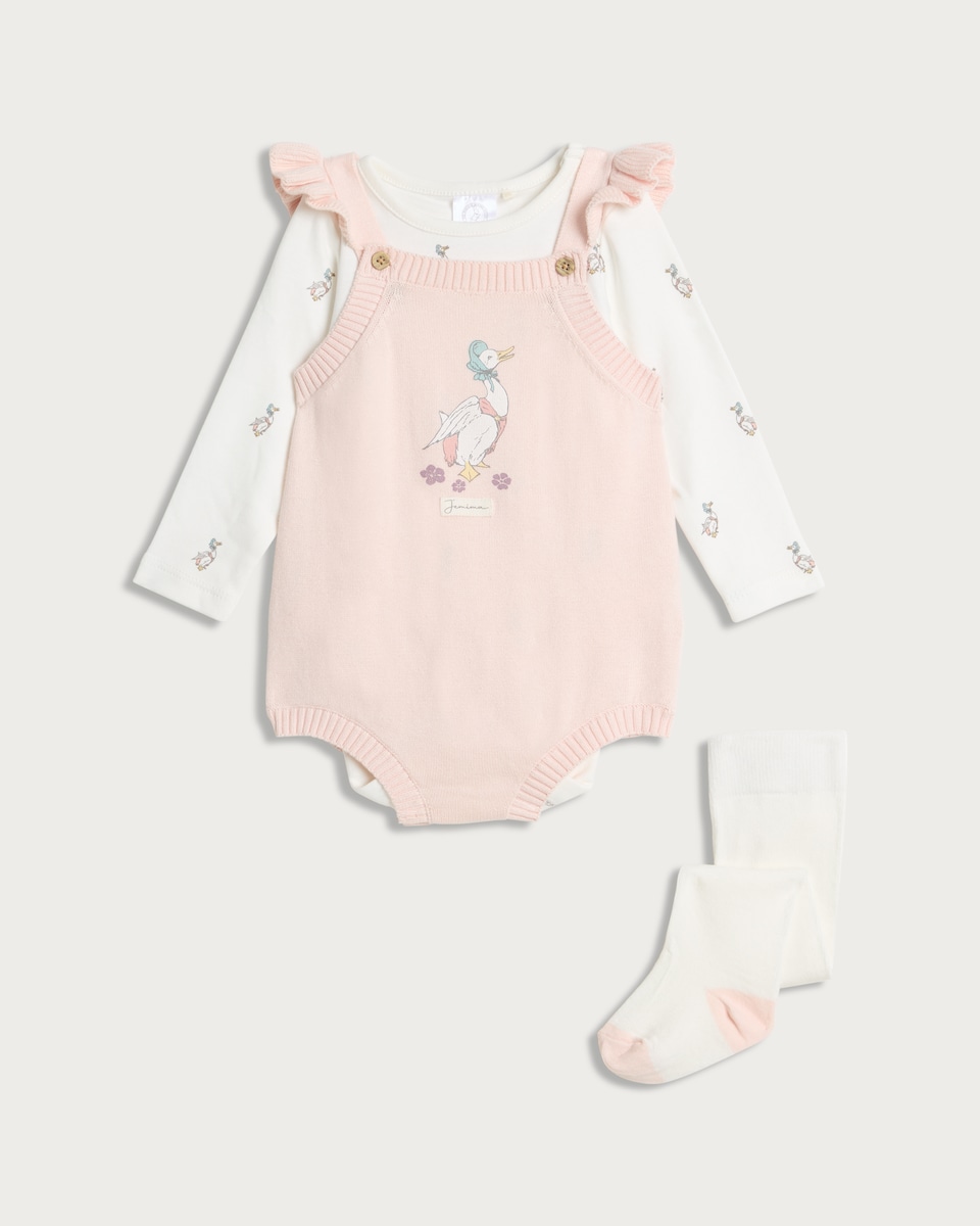 image 1 of Peter Rabbit Jemima Puddle-Duck 3-Piece Pure Cotton Romper, Bodysuit and Tights Set in Pink