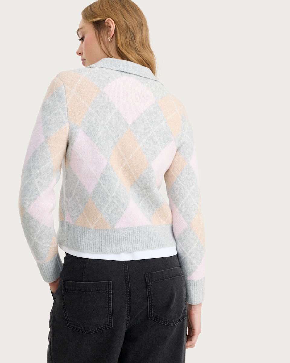 image 1 of F&F Knitted Argyle Pattern Button Up Cardigan in Pink