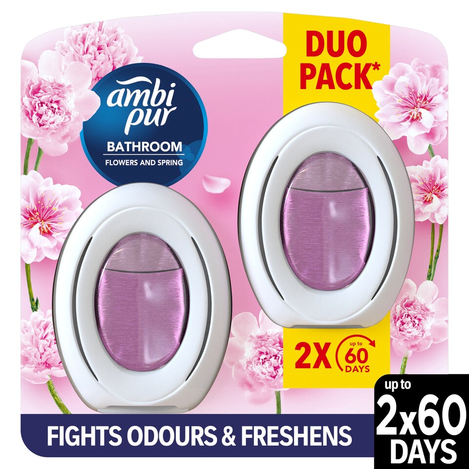 Ambi Pur Bathroom, Continuous Air Freshener Odour Elimination & Prevention, Flowers and Spring2Count