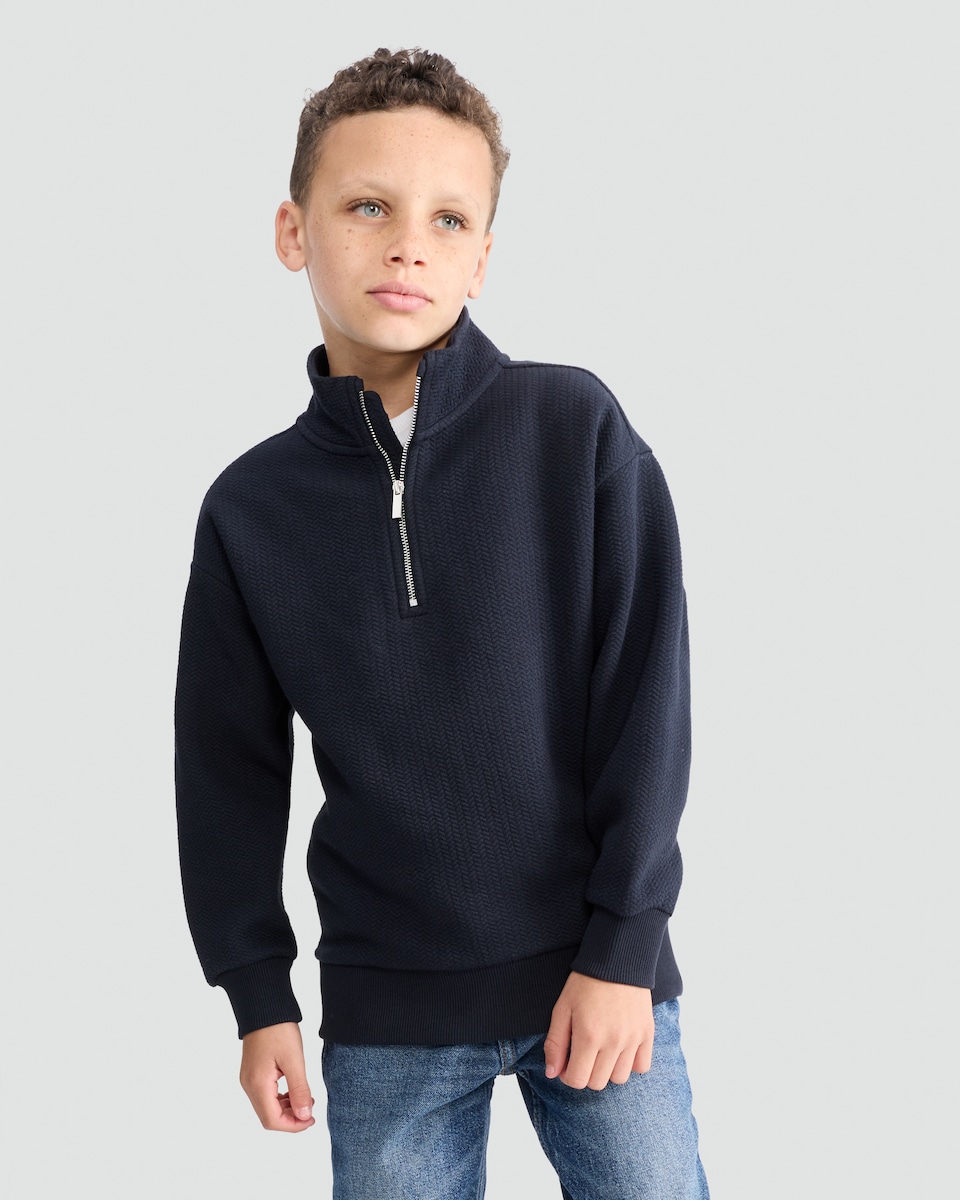 image 1 of F&F Boys Cotton Blend Textured Half Zip Sweatshirt in Navy
