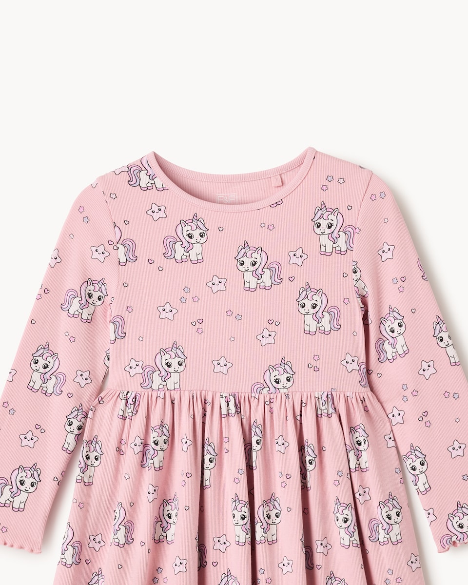 image 1 of F&F Girls Cotton Rich Unicorn Print Dress in Pink