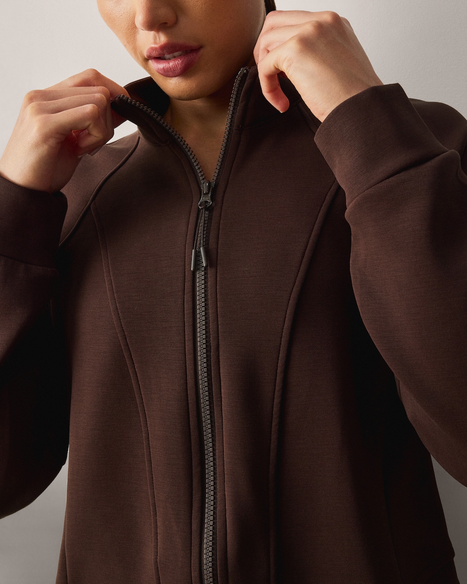 image 1 of F&F Active AFTERCLASS Scuba Zip Through Sweatshirt in Chocolate