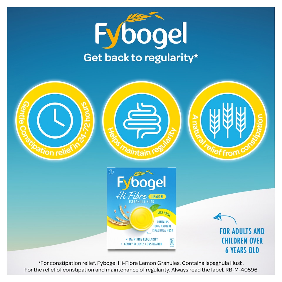 image 1 of Fybogel Hi-Fibre Lemon Laxative Drink Constipation Relief Sachets 10s