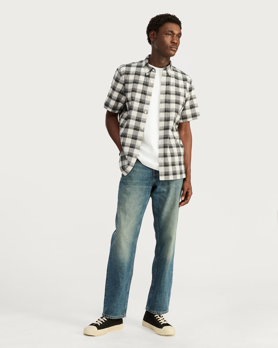 image 1 of F&F Cotton Rich Crinkle Check Print Short Sleeved Shirt in Cream