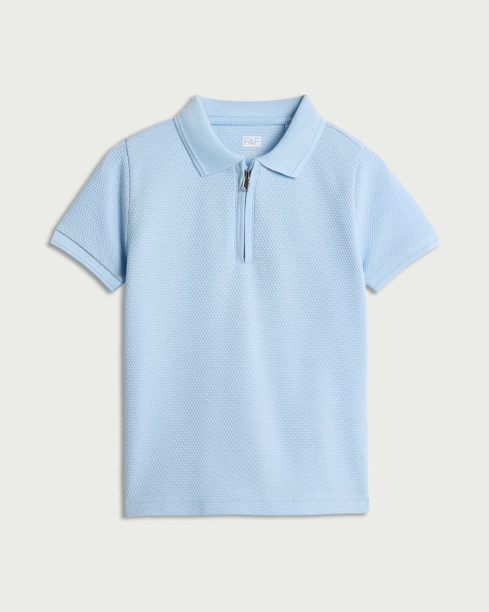 image 1 of F&F Boys Popcorn Textured Zip Neck Polo Shirt in Blue