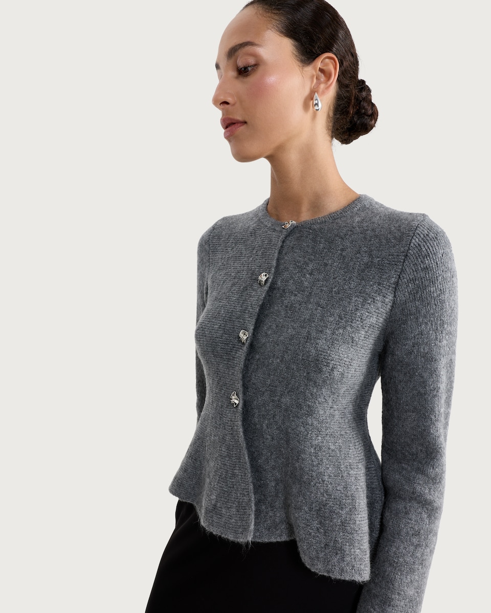 image 1 of F&F Embellished Button Peplum Knit Cardigan in Grey