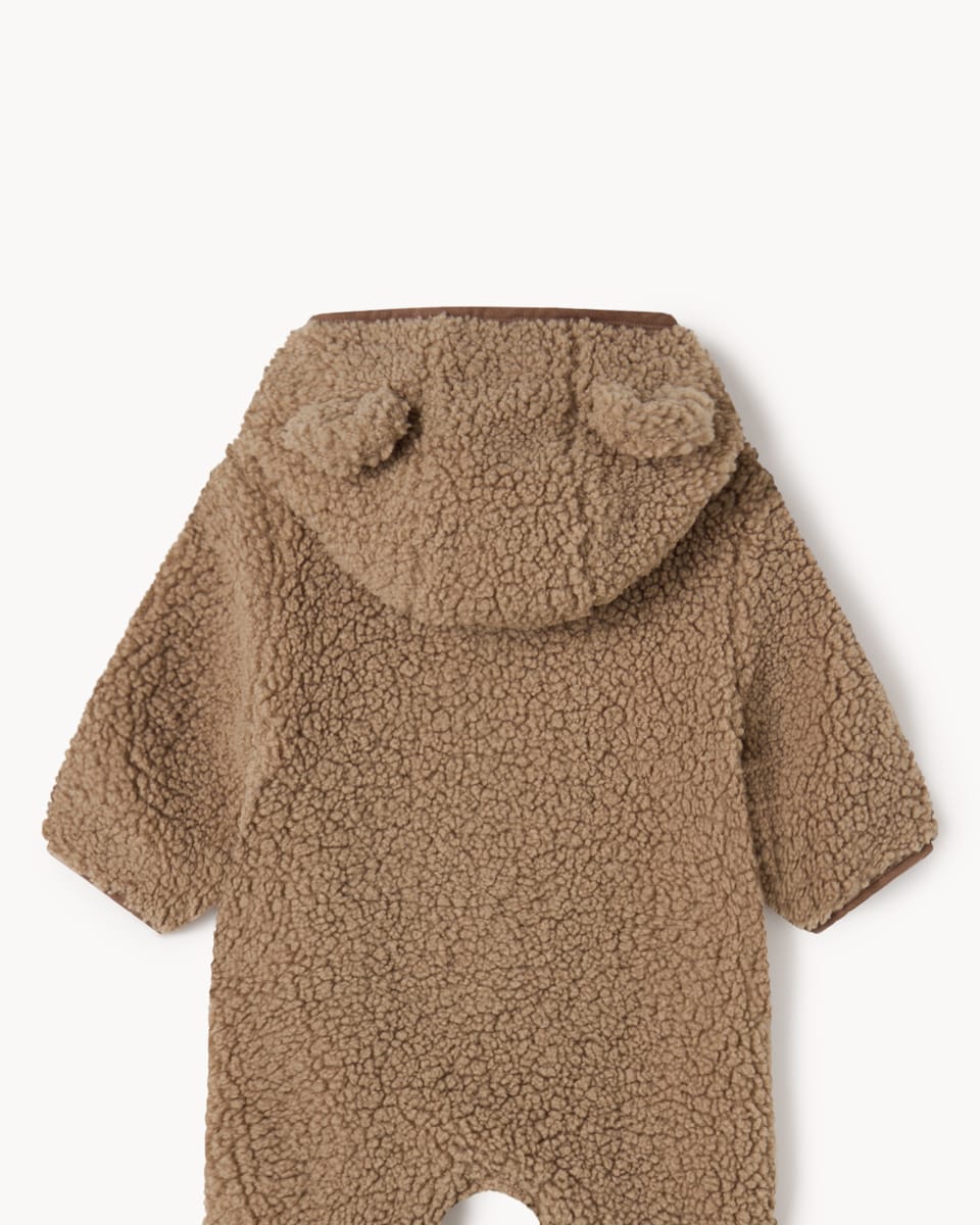 image 1 of F&F Baby Borg Fleece Hooded Pramsuit in Tan