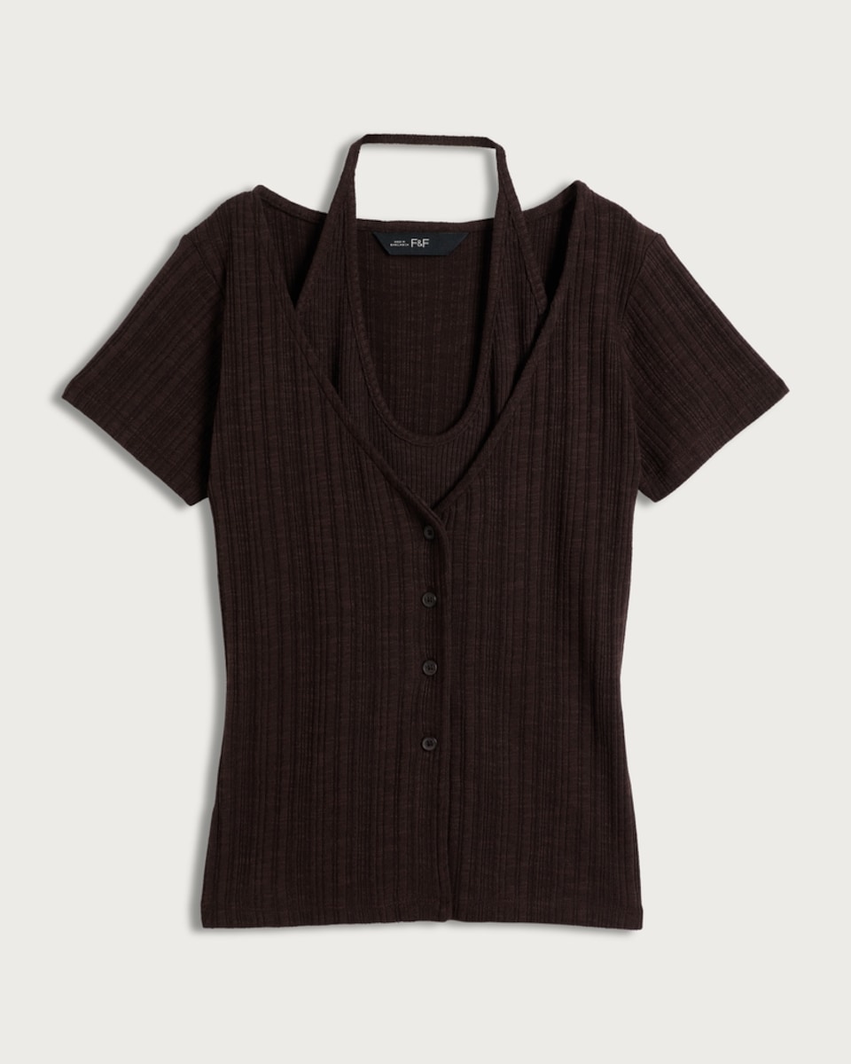 image 1 of F&F 2 In 1 Ribbed Button Front Halter Neck Top in Chocolate