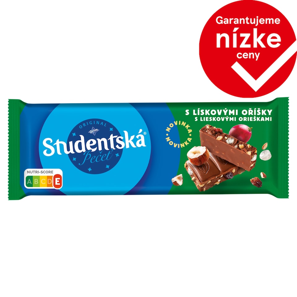 ORION Študentská pečať Mliečna čokoláda s kúskami lieskových orieškov, s hrozienkami a želé 90 g