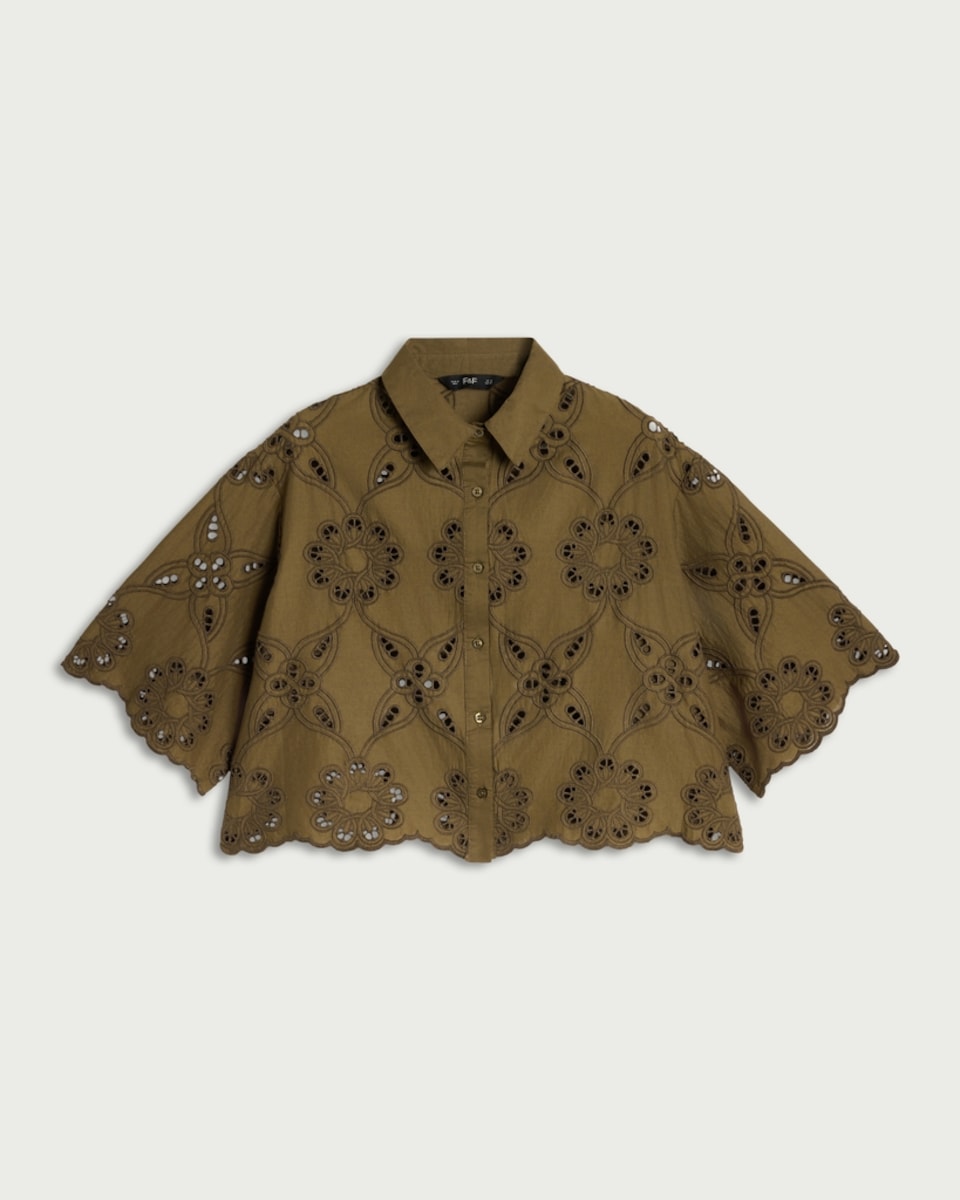 image 1 of The F&F Edit Pure Cotton Embroidered Scallop Hem Co-ord Shirt in Khaki