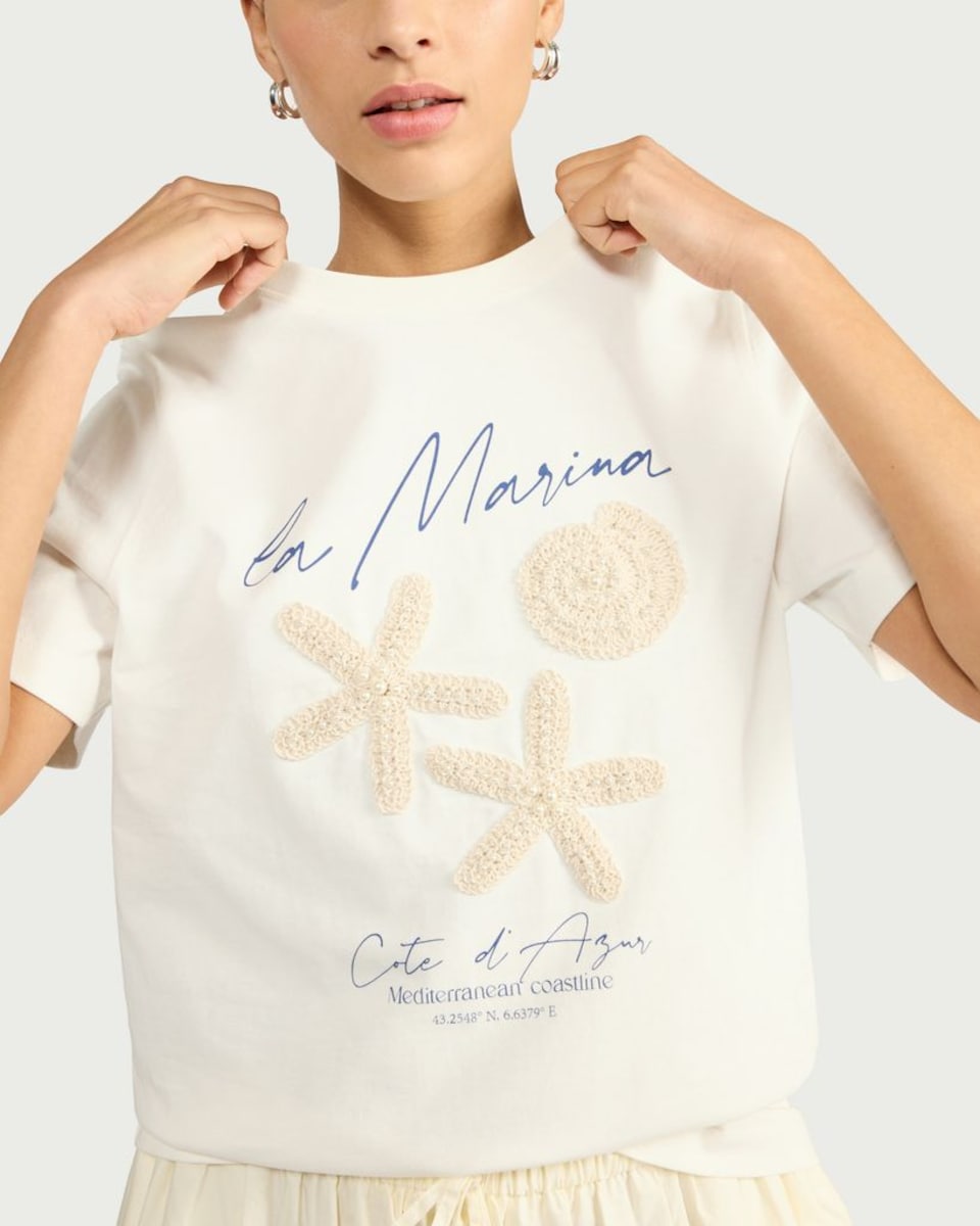 image 1 of F&F Pure Cotton La Marina Short Sleeved T-Shirt in White