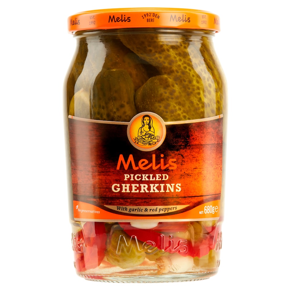 Melis Pickled Gherkins with Garlic & Red Peppers 680g