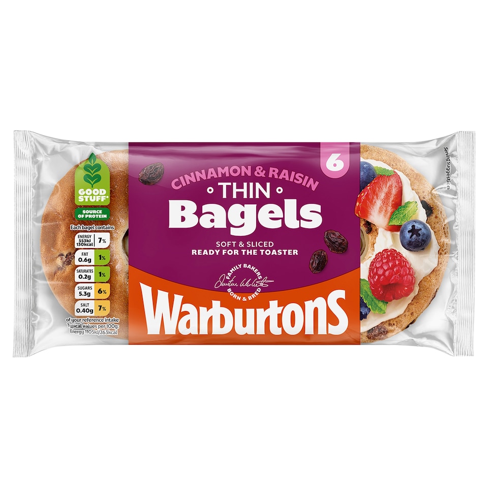 Warburtons Thin Cinnamon & Raisin Bagels 6 Pack