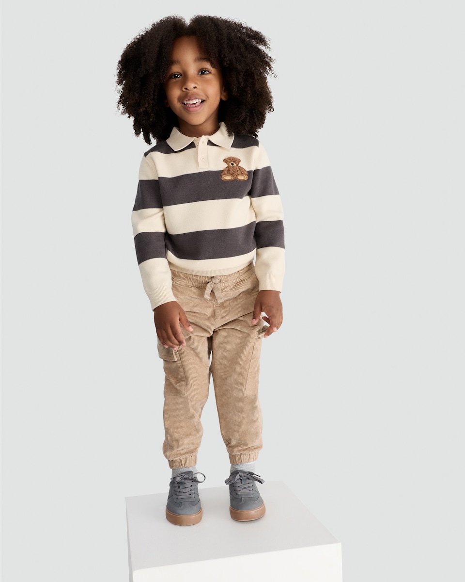 image 1 of F&F Boys Stripe Print Teddy Bear Rugby Jumper in Grey