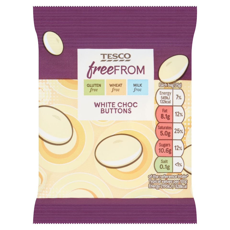 Tesco Free From White Choc Buttons 25g