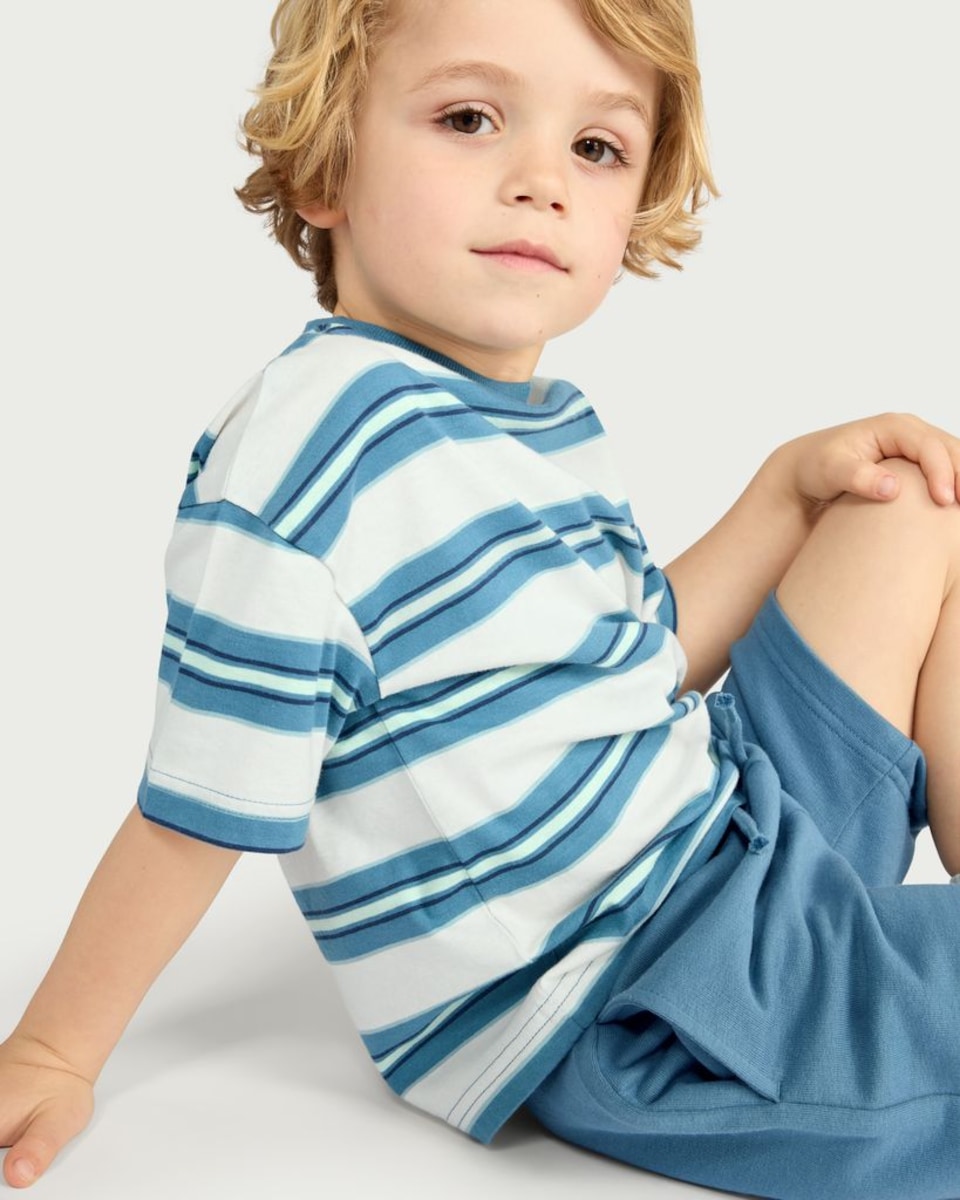 image 1 of F&F Boys 2-Pack Pure Cotton Striped T-Shirt and Shorts Set in Blue