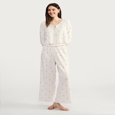 F&F 3-Piece Ribbed Heart Print Pyjama Set in Beige